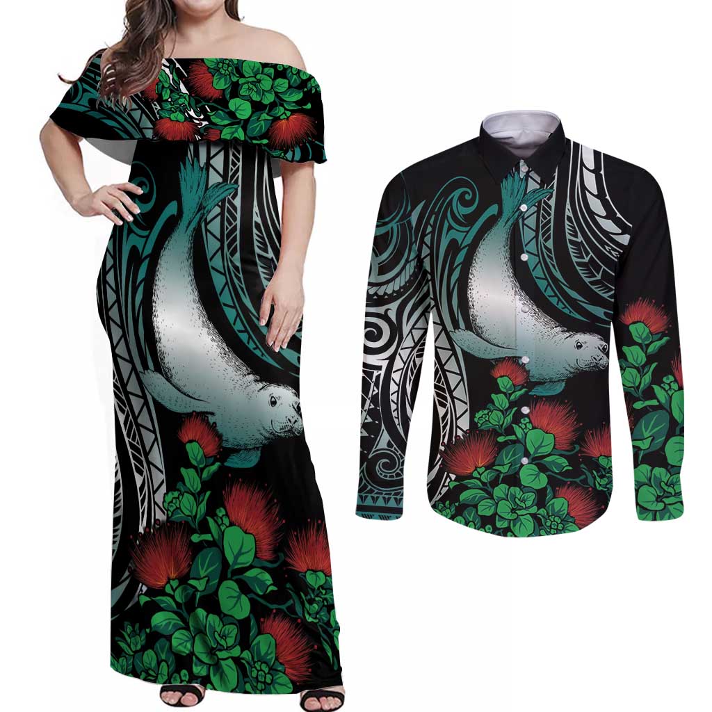 Aloha Hawaii Monk Seal Couples Matching Off Shoulder Maxi Dress and Long Sleeve Button Shirt Mix Ohia Lehua