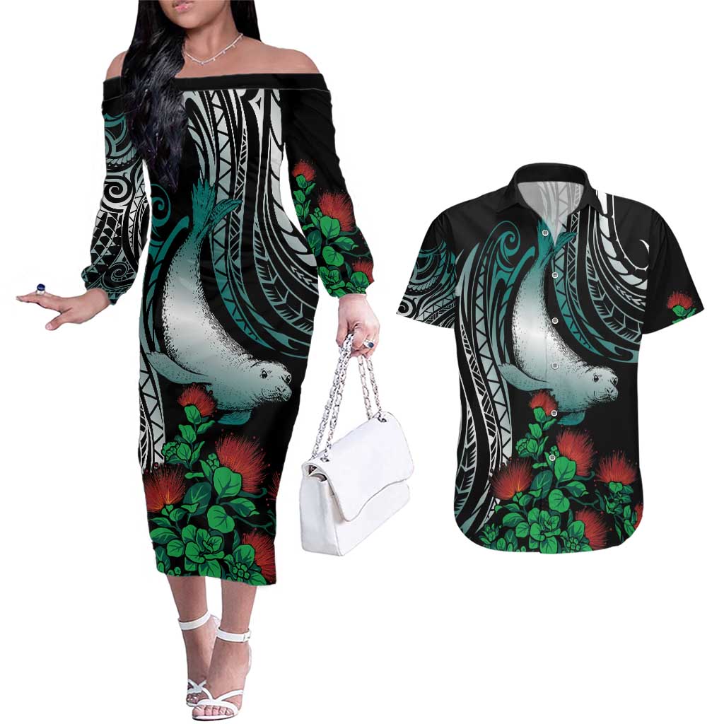Aloha Hawaii Monk Seal Couples Matching Off The Shoulder Long Sleeve Dress and Hawaiian Shirt Mix Ohia Lehua