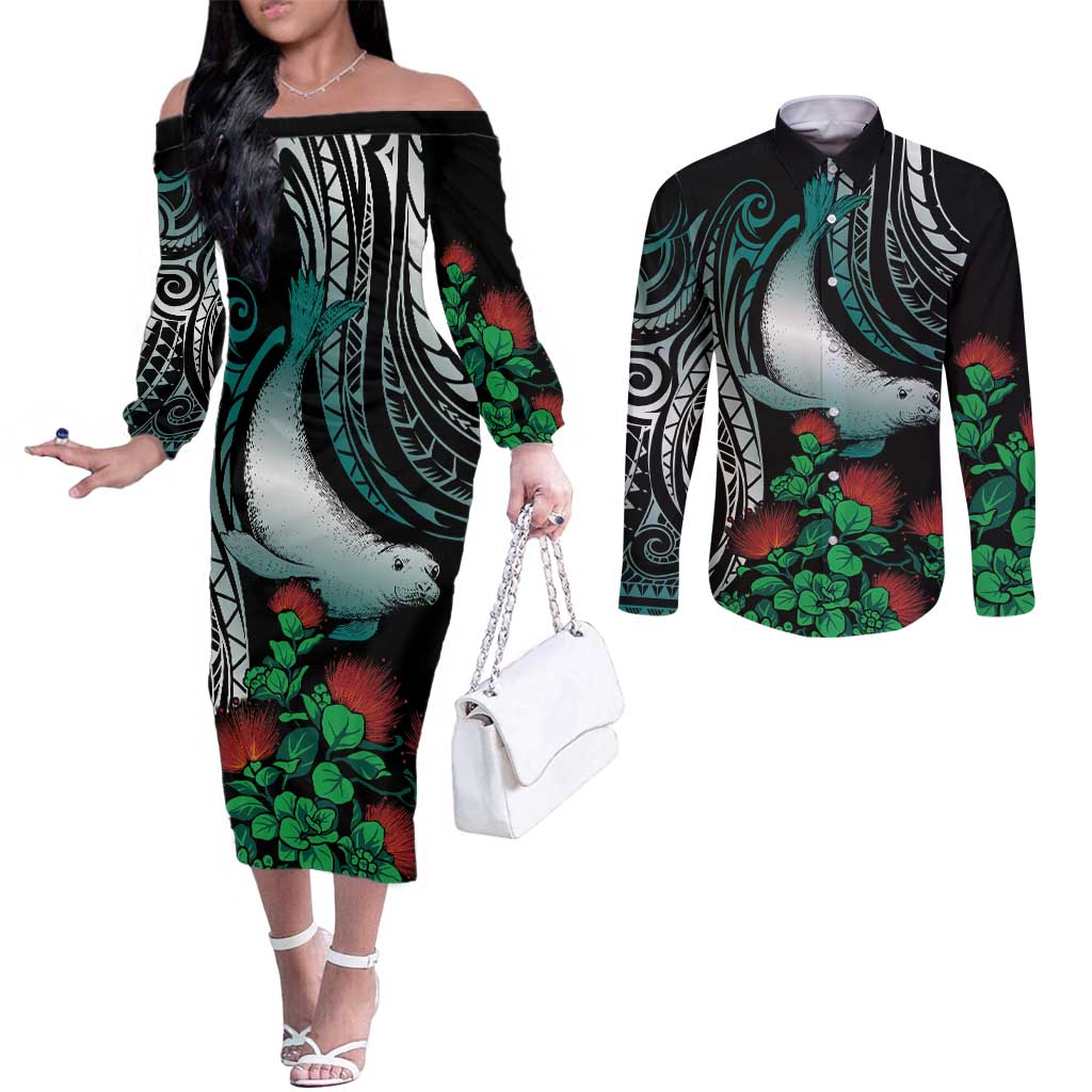 Aloha Hawaii Monk Seal Couples Matching Off The Shoulder Long Sleeve Dress and Long Sleeve Button Shirt Mix Ohia Lehua