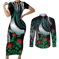 Aloha Hawaii Monk Seal Couples Matching Short Sleeve Bodycon Dress and Long Sleeve Button Shirt Mix Ohia Lehua