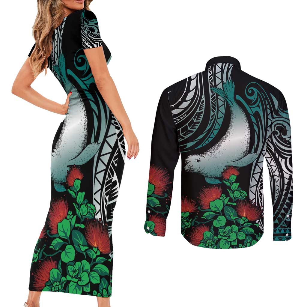 Aloha Hawaii Monk Seal Couples Matching Short Sleeve Bodycon Dress and Long Sleeve Button Shirt Mix Ohia Lehua