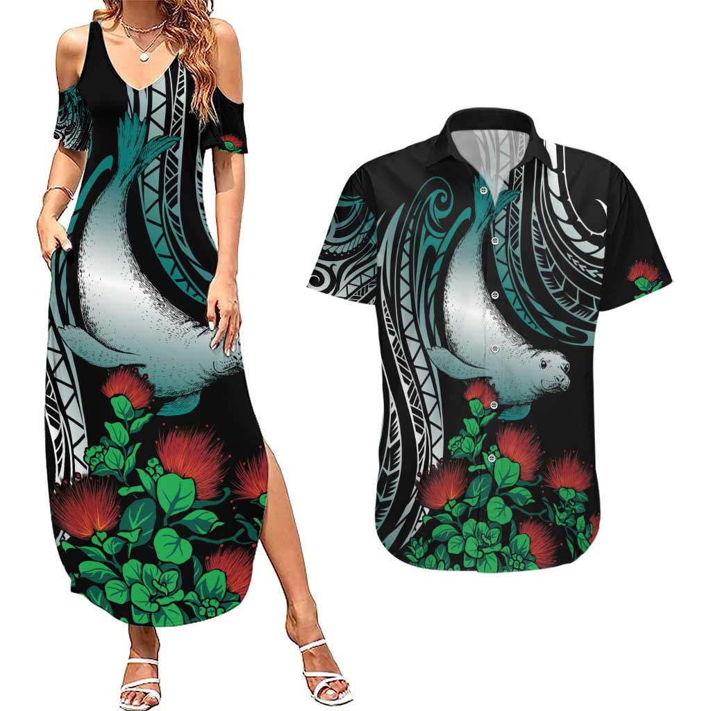 Aloha Hawaii Monk Seal Couples Matching Summer Maxi Dress and Hawaiian Shirt Mix Ohia Lehua