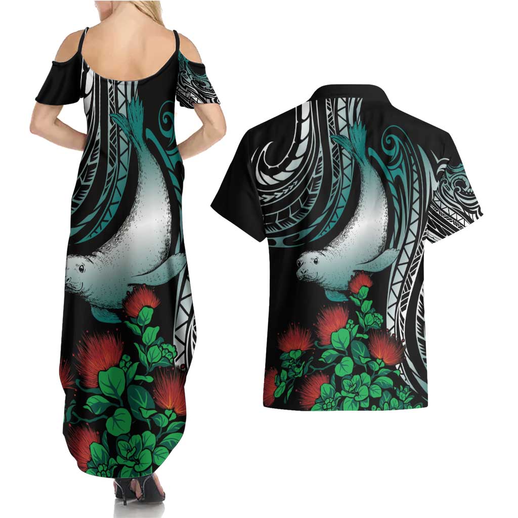 Aloha Hawaii Monk Seal Couples Matching Summer Maxi Dress and Hawaiian Shirt Mix Ohia Lehua