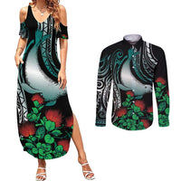Aloha Hawaii Monk Seal Couples Matching Summer Maxi Dress and Long Sleeve Button Shirt Mix Ohia Lehua
