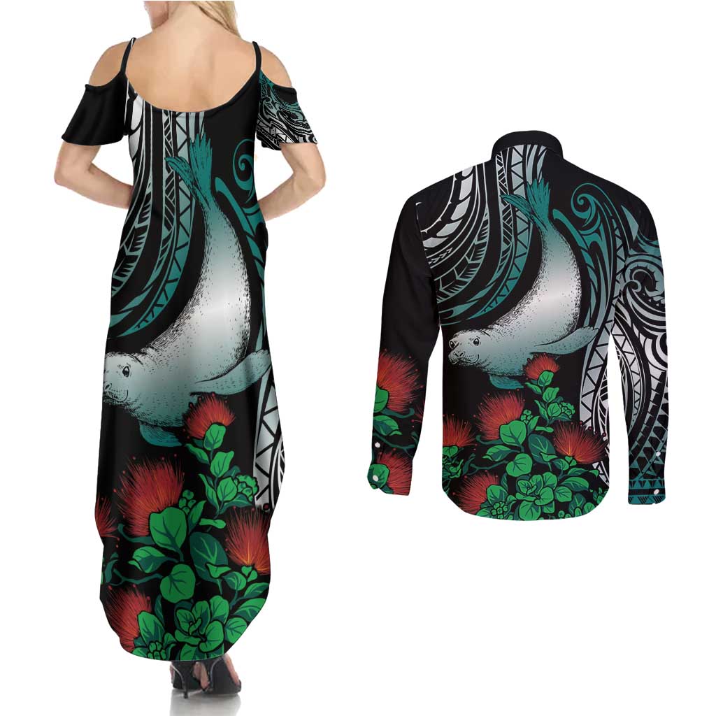 Aloha Hawaii Monk Seal Couples Matching Summer Maxi Dress and Long Sleeve Button Shirt Mix Ohia Lehua