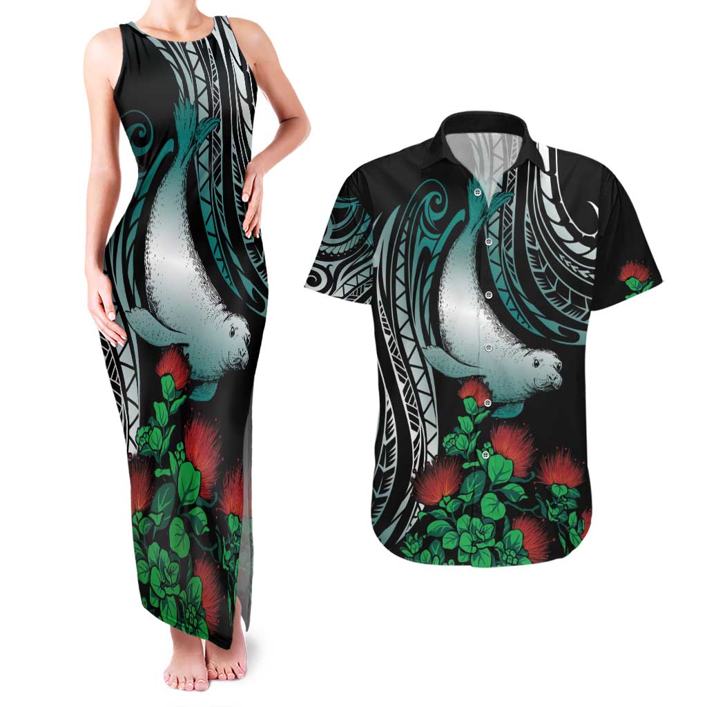 Aloha Hawaii Monk Seal Couples Matching Tank Maxi Dress and Hawaiian Shirt Mix Ohia Lehua