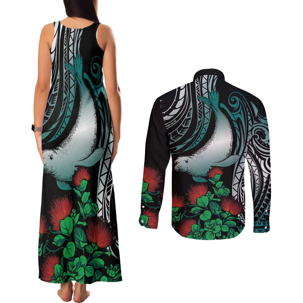 Aloha Hawaii Monk Seal Couples Matching Tank Maxi Dress and Long Sleeve Button Shirt Mix Ohia Lehua