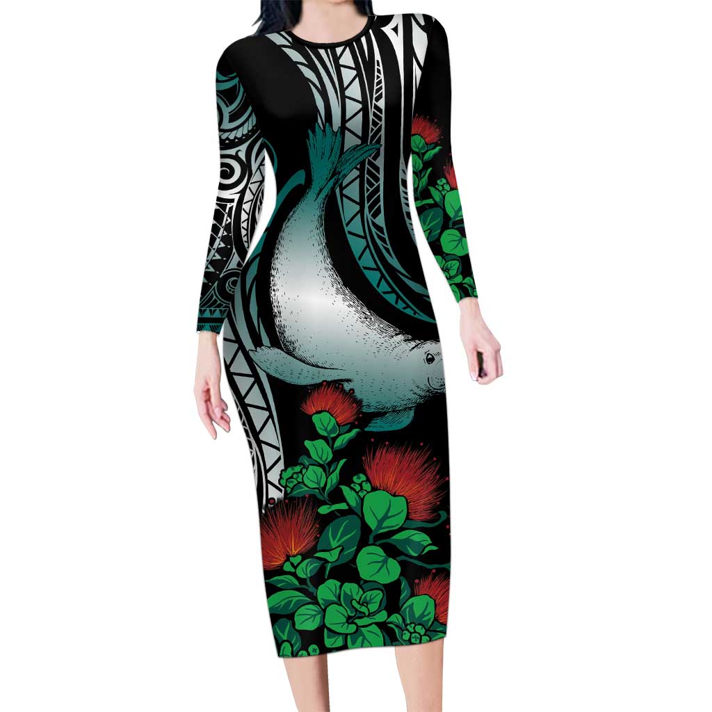 Aloha Hawaii Monk Seal Family Matching Long Sleeve Bodycon Dress and Hawaiian Shirt Mix Ohia Lehua