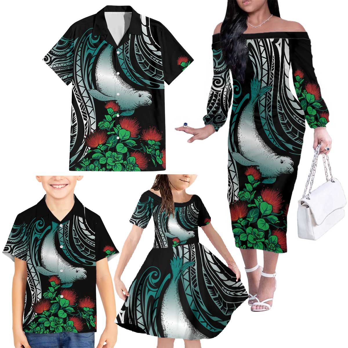 Aloha Hawaii Monk Seal Family Matching Off The Shoulder Long Sleeve Dress and Hawaiian Shirt Mix Ohia Lehua