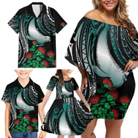 Aloha Hawaii Monk Seal Family Matching Off Shoulder Short Dress and Hawaiian Shirt Mix Ohia Lehua