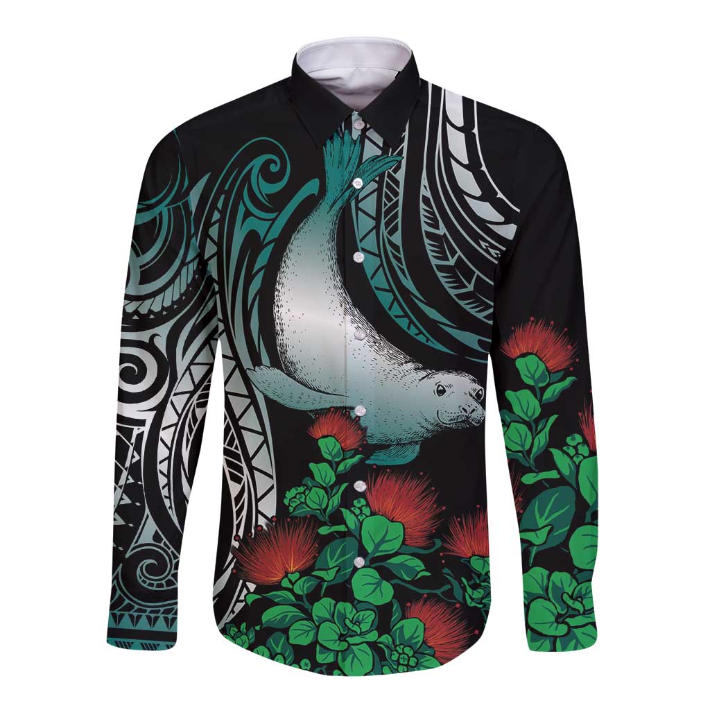 Aloha Hawaii Monk Seal Long Sleeve Button Shirt Mix Ohia Lehua