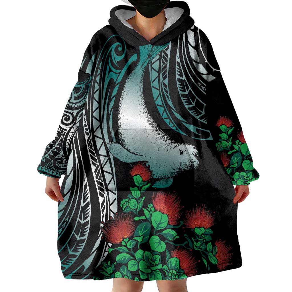 Aloha Hawaii Monk Seal Wearable Blanket Hoodie Mix Ohia Lehua
