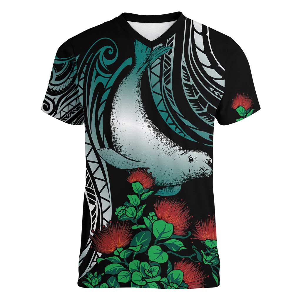 Aloha Hawaii Monk Seal Women V-Neck T-Shirt Mix Ohia Lehua