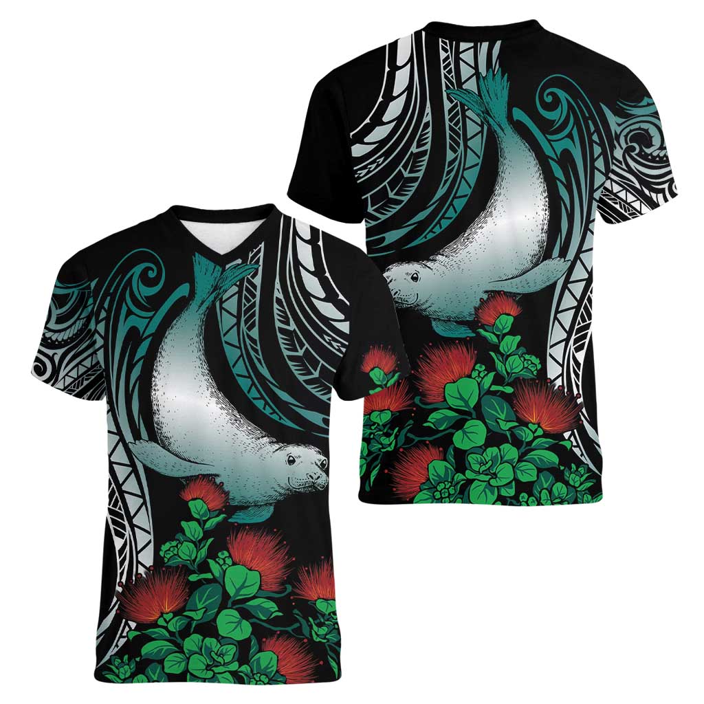 Aloha Hawaii Monk Seal Women V-Neck T-Shirt Mix Ohia Lehua