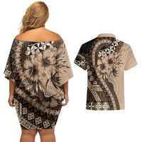 Bula Fiji Couples Matching Off Shoulder Short Dress and Hawaiian Shirt Mocha Brown Kaivity Masi Tapa