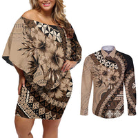 Bula Fiji Couples Matching Off Shoulder Short Dress and Long Sleeve Button Shirt Mocha Brown Kaivity Masi Tapa