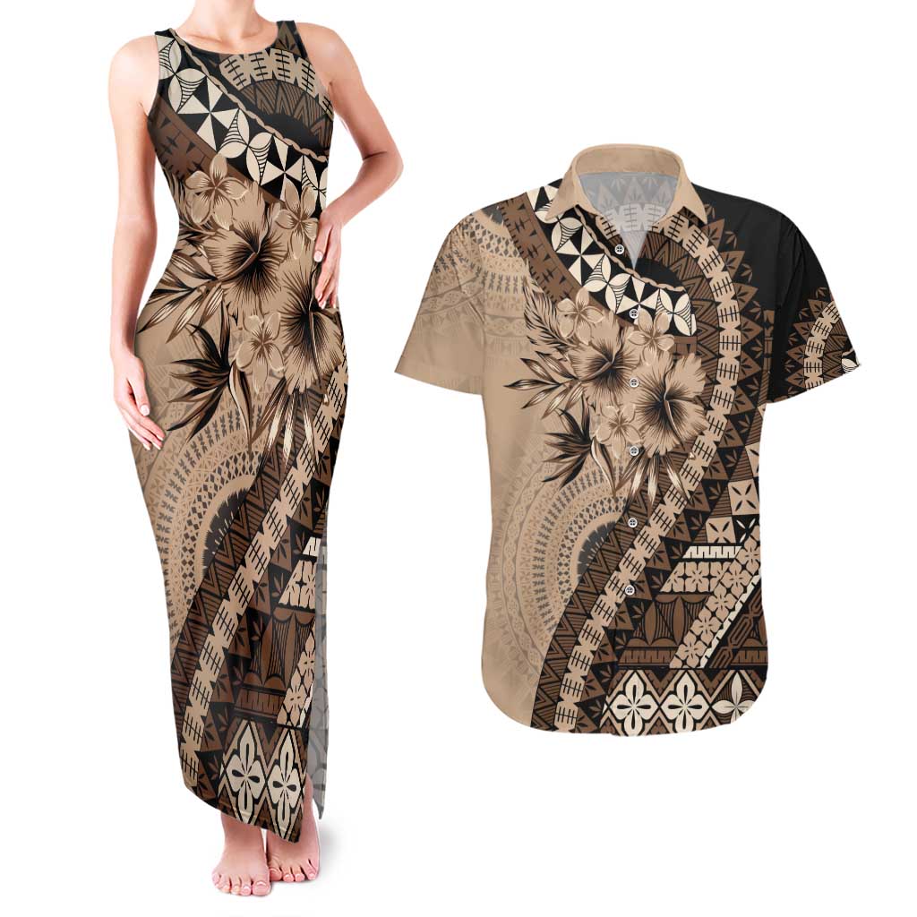 Bula Fiji Couples Matching Tank Maxi Dress and Hawaiian Shirt Mocha Brown Kaivity Masi Tapa