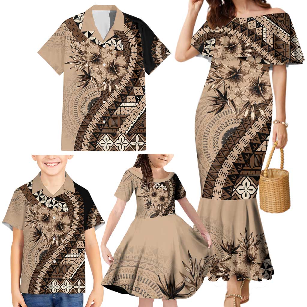 Bula Fiji Family Matching Mermaid Dress and Hawaiian Shirt Mocha Brown Kaivity Masi Tapa