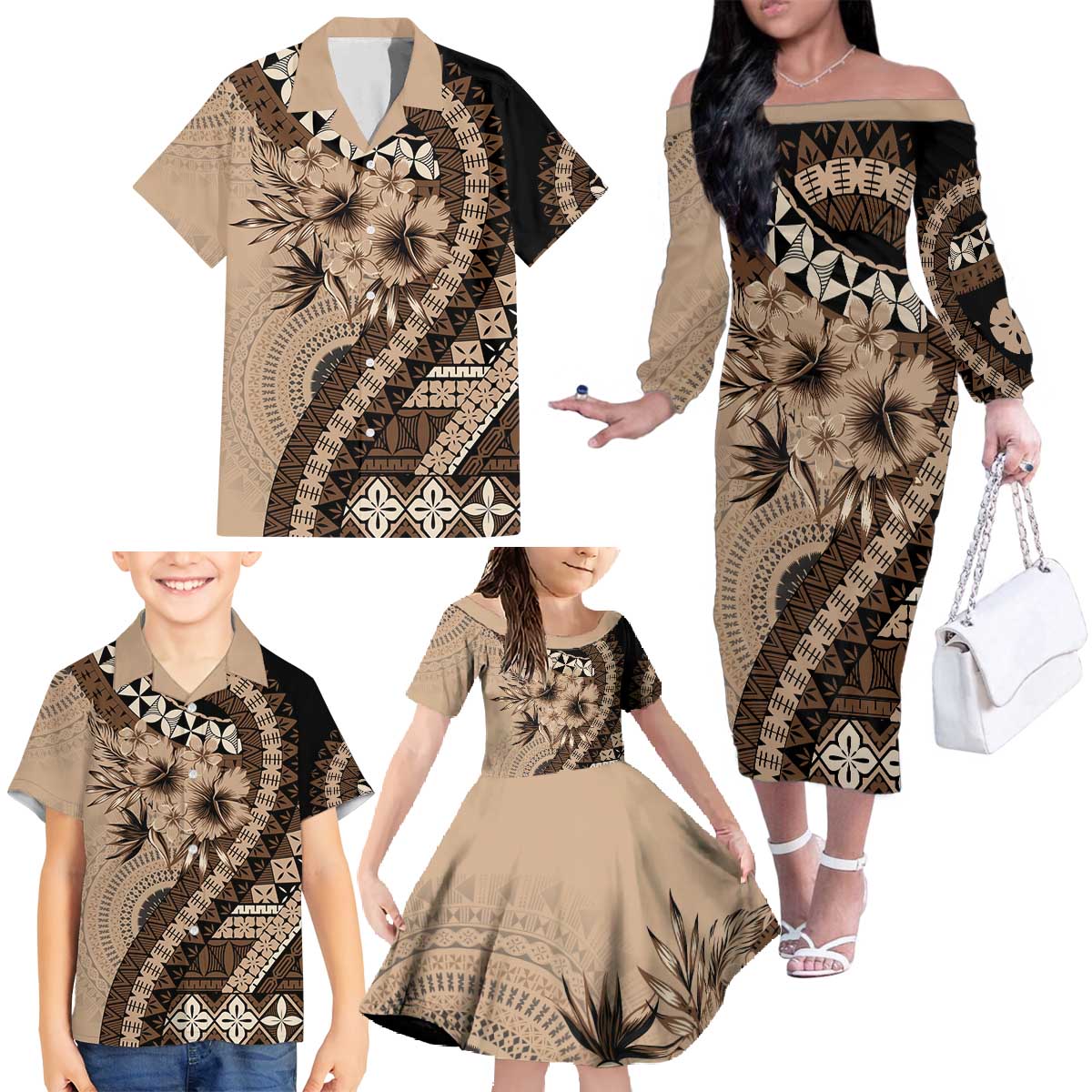 Bula Fiji Family Matching Off The Shoulder Long Sleeve Dress and Hawaiian Shirt Mocha Brown Kaivity Masi Tapa