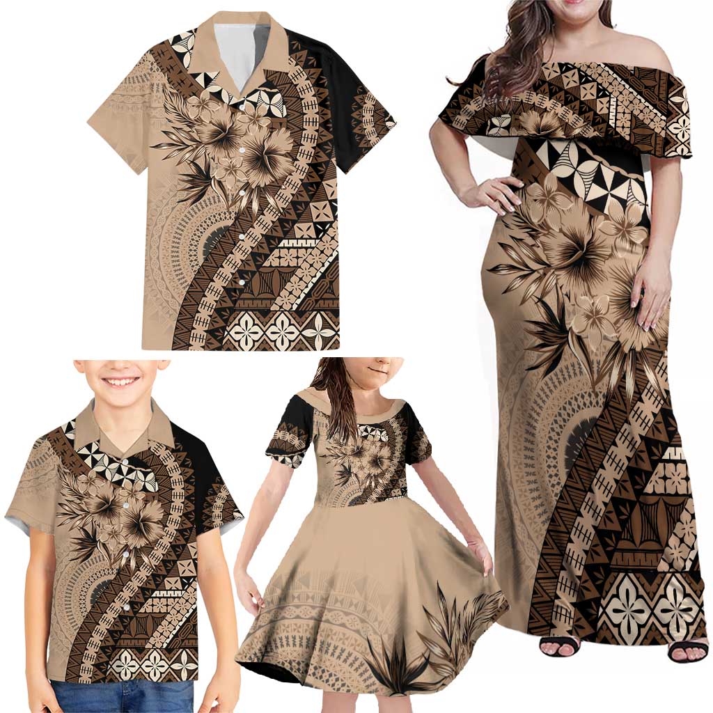 Bula Fiji Family Matching Off Shoulder Maxi Dress and Hawaiian Shirt Mocha Brown Kaivity Masi Tapa