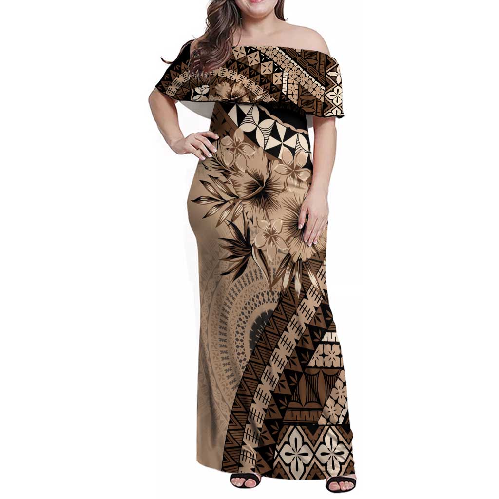 Bula Fiji Family Matching Off Shoulder Maxi Dress and Hawaiian Shirt Mocha Brown Kaivity Masi Tapa