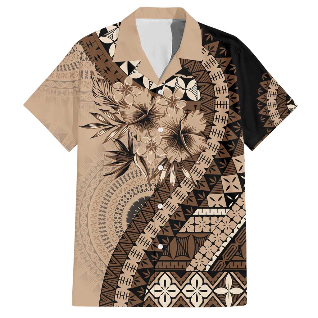 Bula Fiji Family Matching Short Sleeve Bodycon Dress and Hawaiian Shirt Mocha Brown Kaivity Masi Tapa