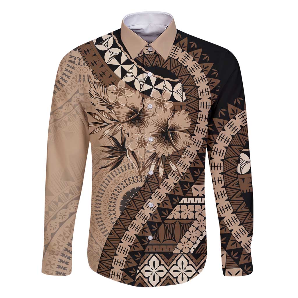 Bula Fiji Family Matching Short Sleeve Bodycon Dress and Hawaiian Shirt Mocha Brown Kaivity Masi Tapa