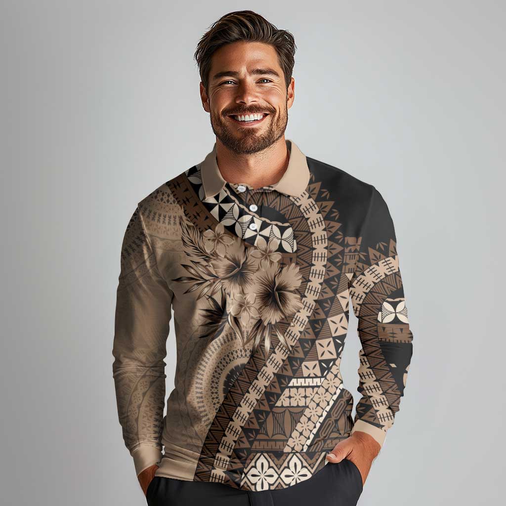 Bula Fiji Long Sleeve Polo Shirt Mocha Brown Kaivity Masi Tapa