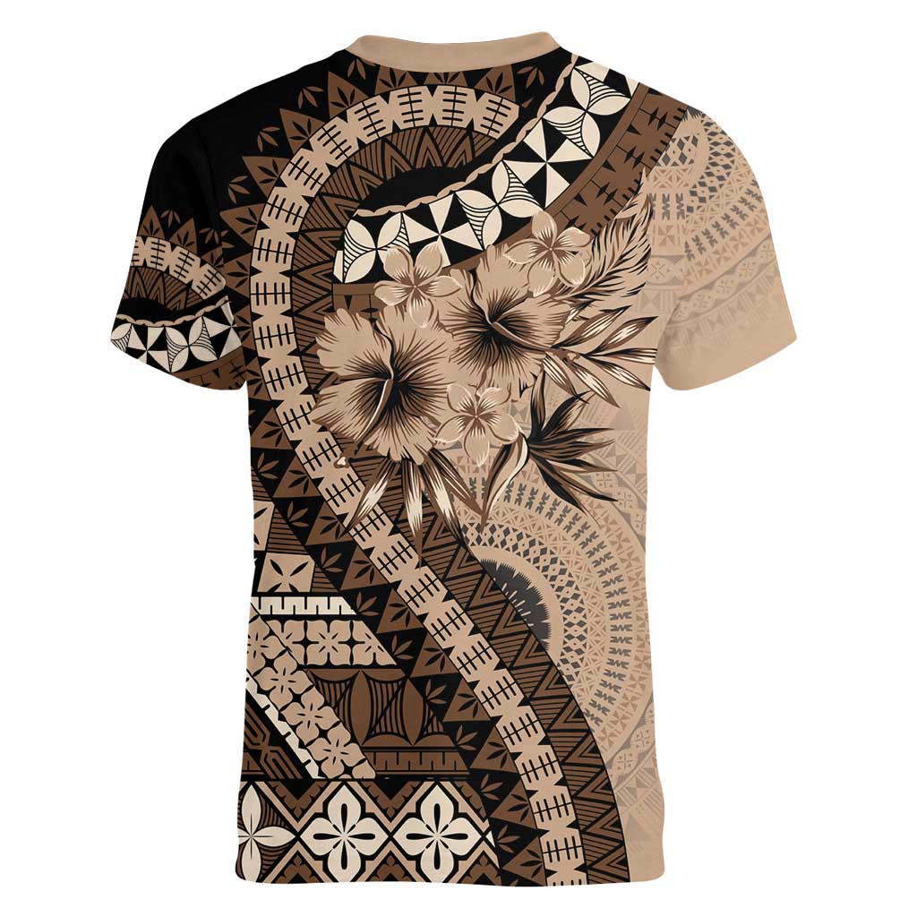 Bula Fiji Women V-Neck T-Shirt Mocha Brown Kaivity Masi Tapa