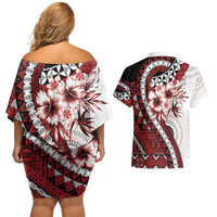 Bula Fiji Couples Matching Off Shoulder Short Dress and Hawaiian Shirt White Kaivity Masi Tapa