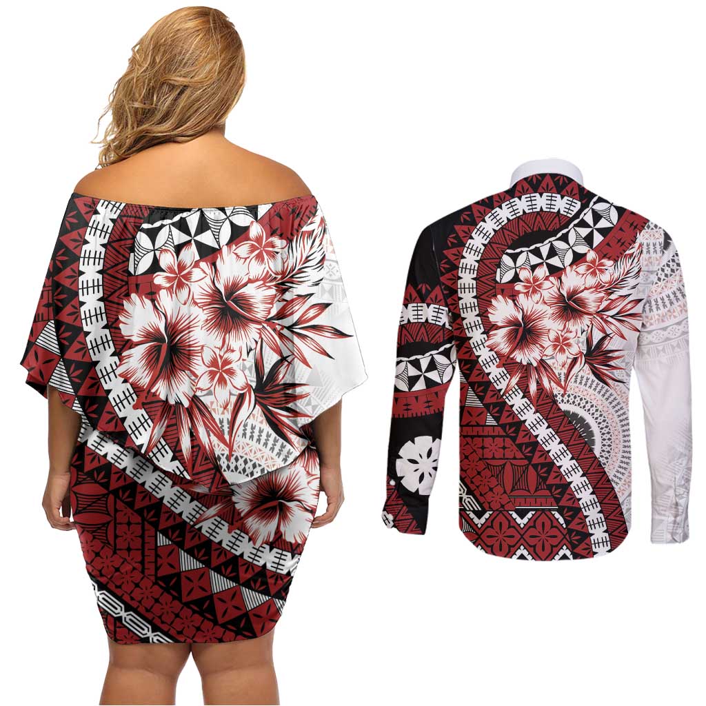 Bula Fiji Couples Matching Off Shoulder Short Dress and Long Sleeve Button Shirt White Kaivity Masi Tapa