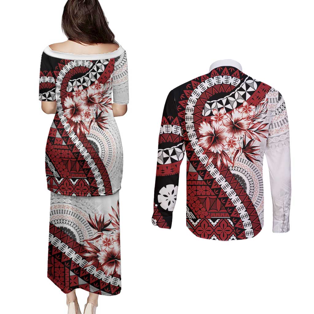 Bula Fiji Couples Matching Puletasi and Long Sleeve Button Shirt White Kaivity Masi Tapa LT7 - Polynesian Pride