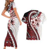 Bula Fiji Couples Matching Short Sleeve Bodycon Dress and Hawaiian Shirt White Kaivity Masi Tapa