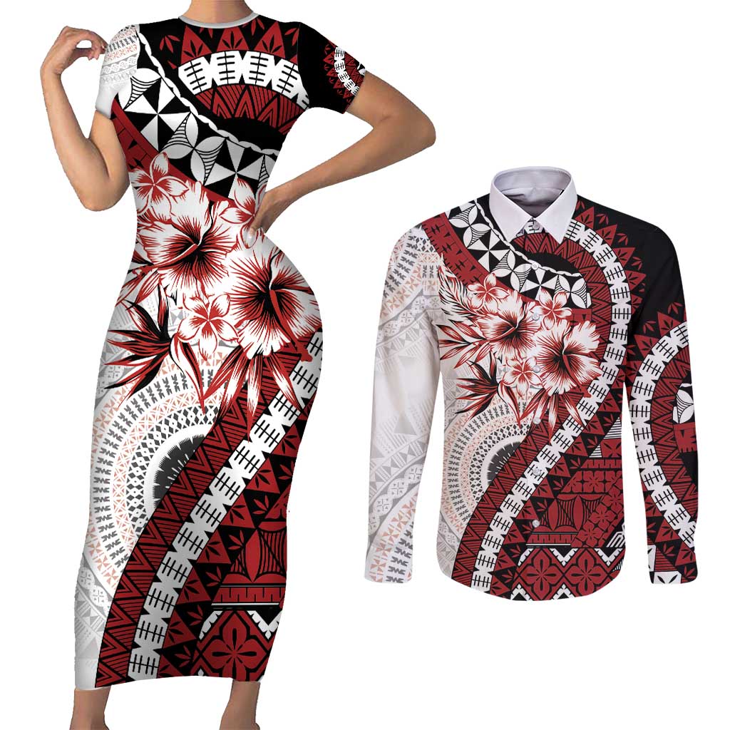 Bula Fiji Couples Matching Short Sleeve Bodycon Dress and Long Sleeve Button Shirt White Kaivity Masi Tapa