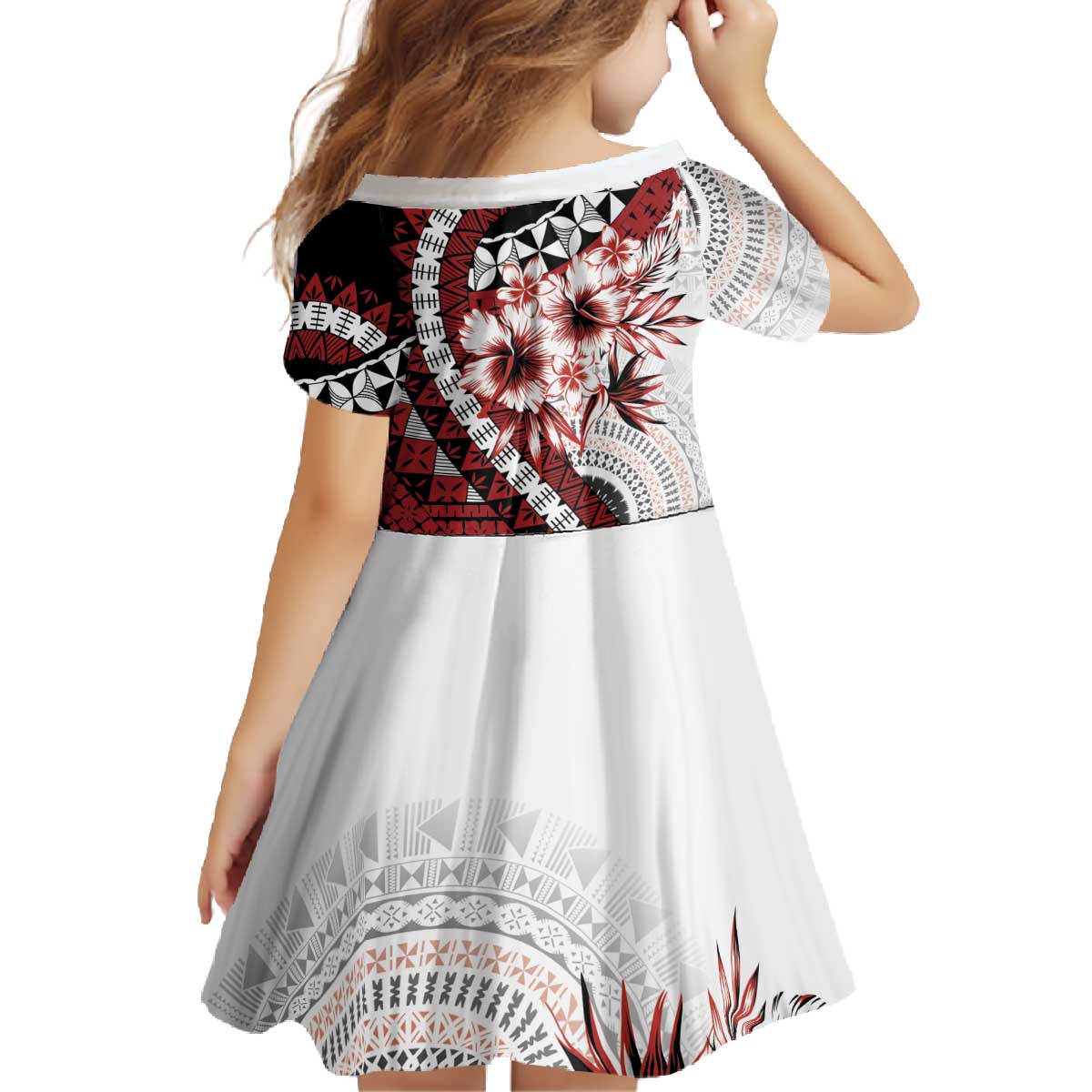 Bula Fiji Family Matching Off The Shoulder Long Sleeve Dress and Hawaiian Shirt White Kaivity Masi Tapa