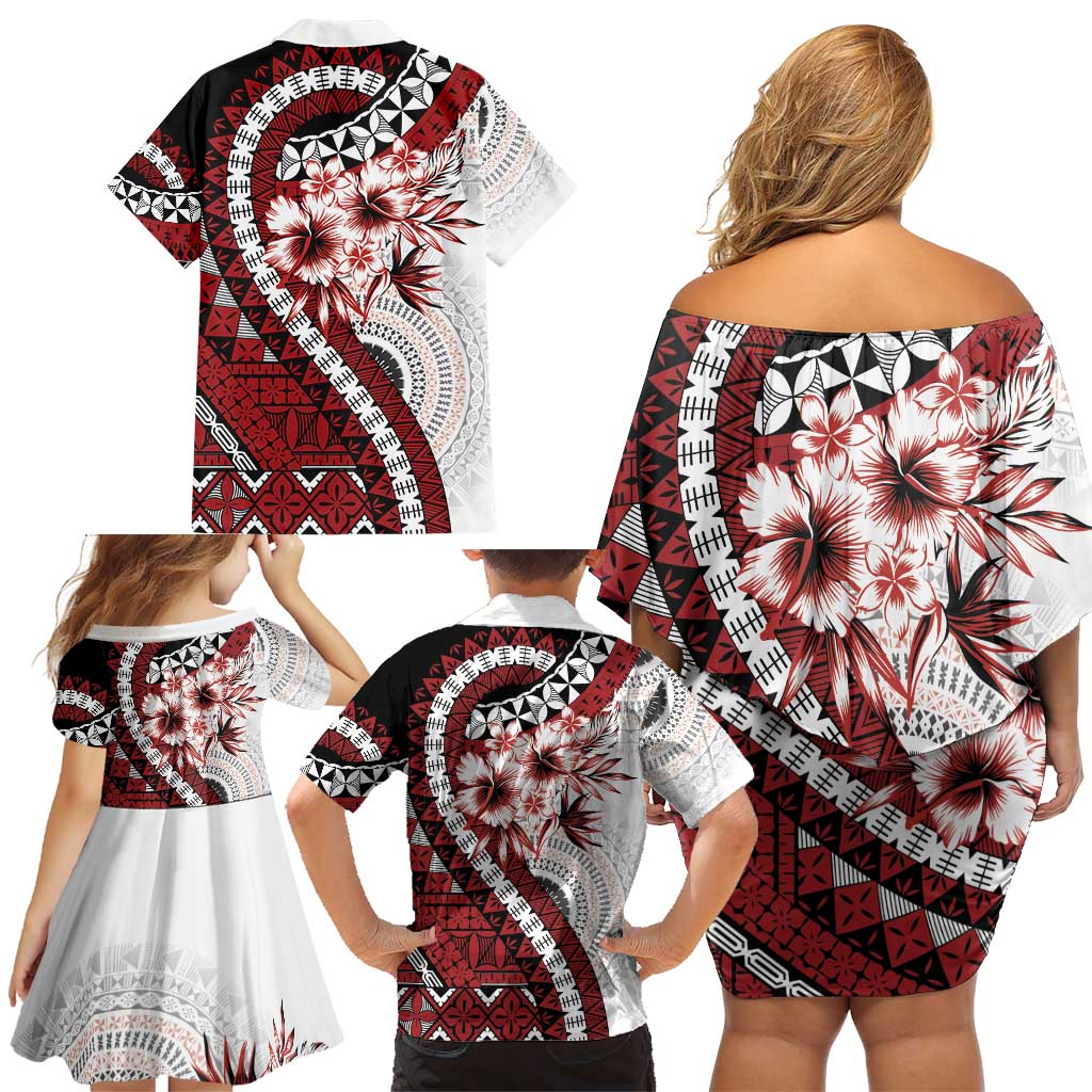 Bula Fiji Family Matching Off Shoulder Short Dress and Hawaiian Shirt White Kaivity Masi Tapa