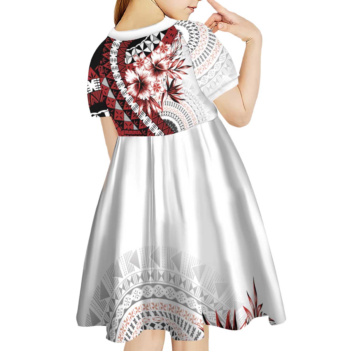 Bula Fiji Kid Short Sleeve Dress White Kaivity Masi Tapa