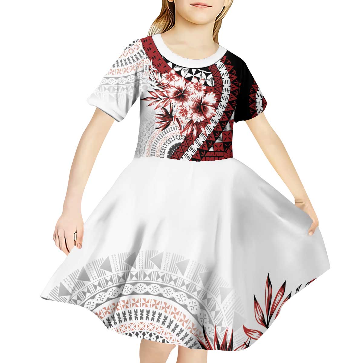 Bula Fiji Kid Short Sleeve Dress White Kaivity Masi Tapa