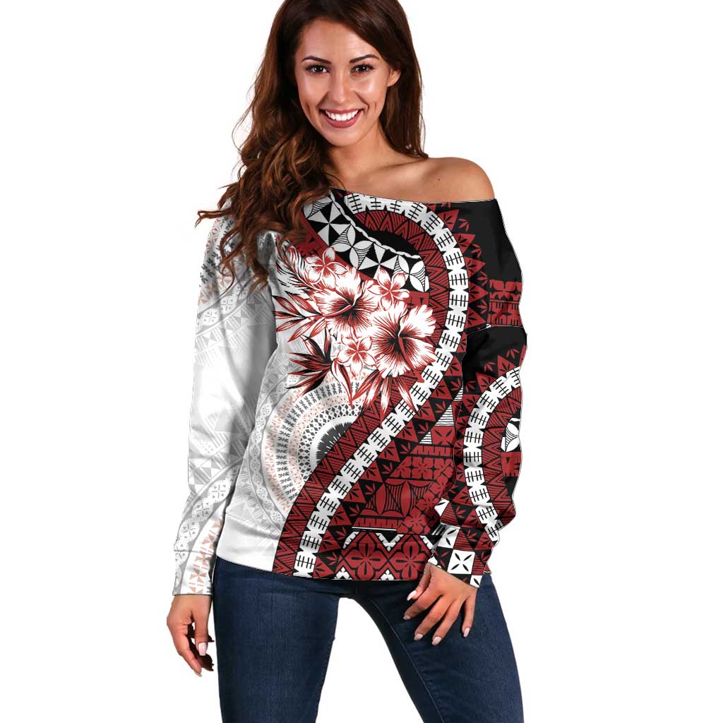 Bula Fiji Off Shoulder Sweater White Kaivity Masi Tapa