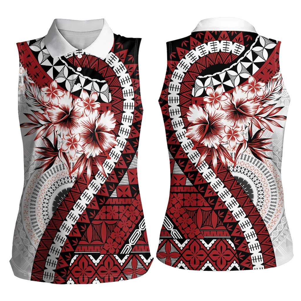 Bula Fiji Women Sleeveless Polo Shirt White Kaivity Masi Tapa