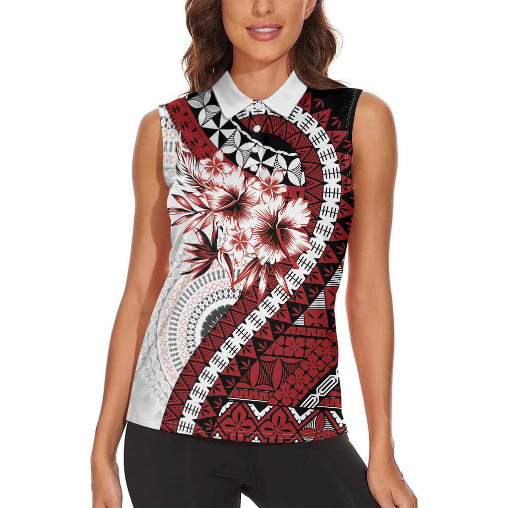 Bula Fiji Women Sleeveless Polo Shirt White Kaivity Masi Tapa