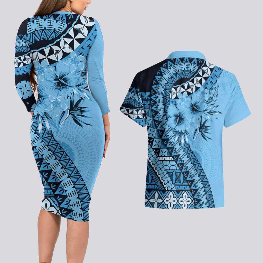 Bula Fiji Couples Matching Long Sleeve Bodycon Dress and Hawaiian Shirt Turquoise Kaivity Masi Tapa