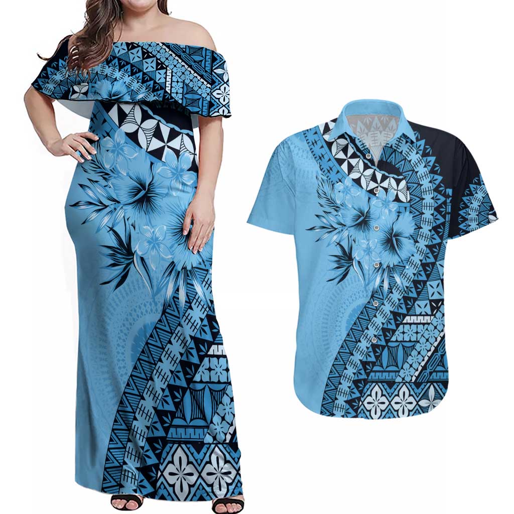 Bula Fiji Couples Matching Off Shoulder Maxi Dress and Hawaiian Shirt Turquoise Kaivity Masi Tapa