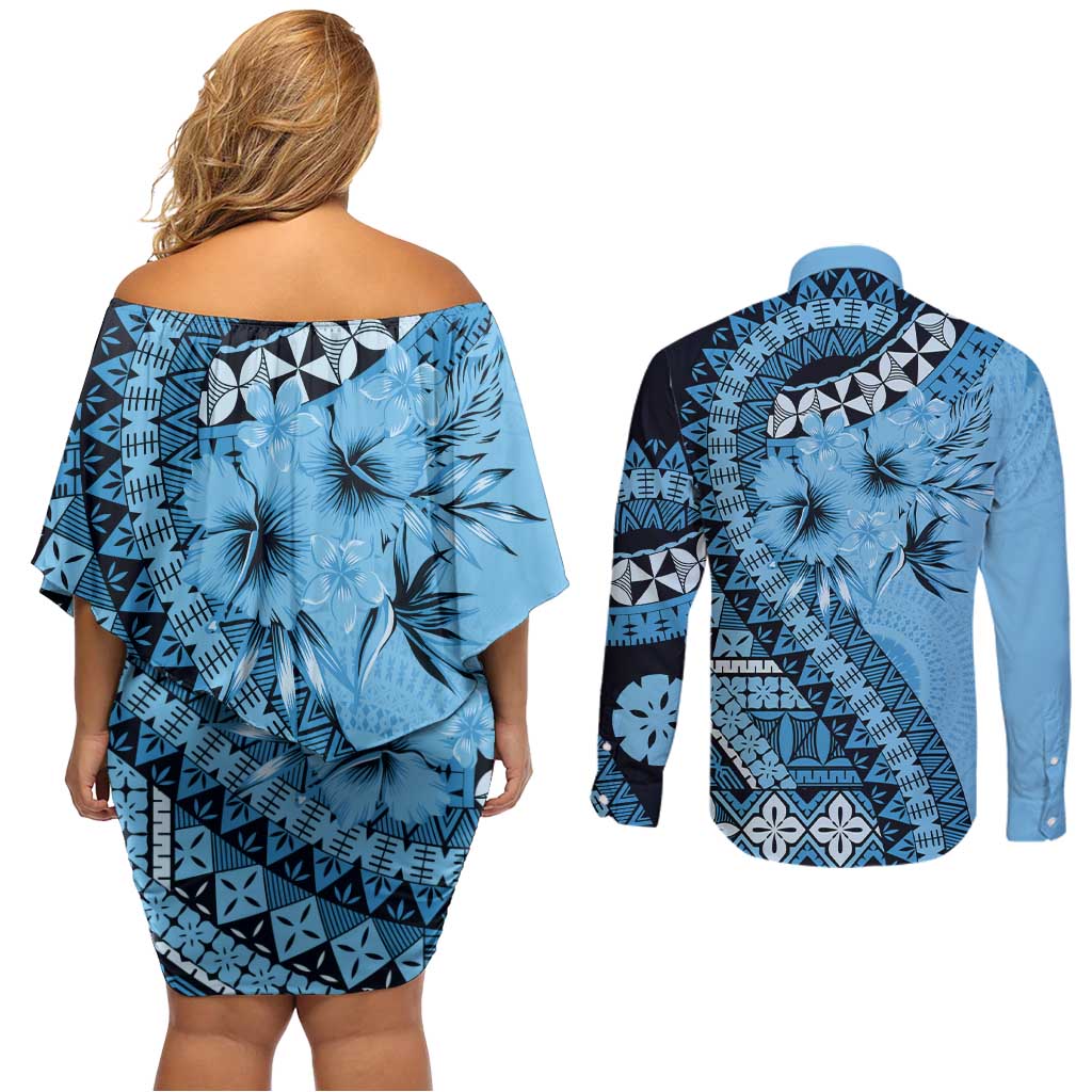 Bula Fiji Couples Matching Off Shoulder Short Dress and Long Sleeve Button Shirt Turquoise Kaivity Masi Tapa