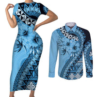 Bula Fiji Couples Matching Short Sleeve Bodycon Dress and Long Sleeve Button Shirt Turquoise Kaivity Masi Tapa