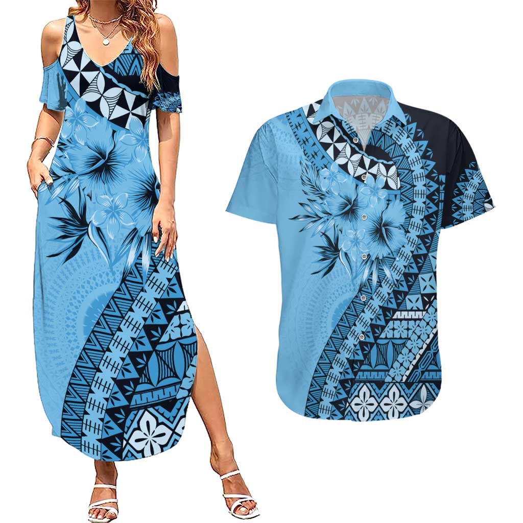 Bula Fiji Couples Matching Summer Maxi Dress and Hawaiian Shirt Turquoise Kaivity Masi Tapa
