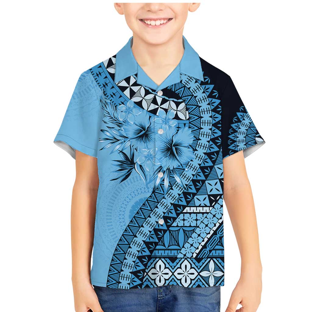 Bula Fiji Family Matching Mermaid Dress and Hawaiian Shirt Turquoise Kaivity Masi Tapa