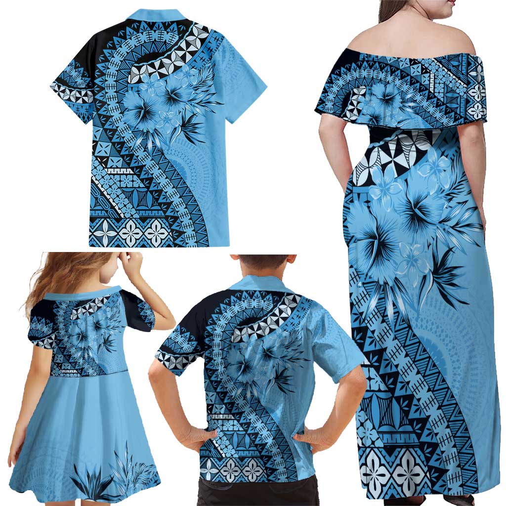 Bula Fiji Family Matching Off Shoulder Maxi Dress and Hawaiian Shirt Turquoise Kaivity Masi Tapa