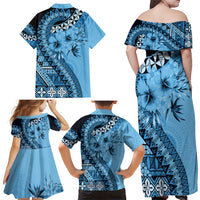 Bula Fiji Family Matching Off Shoulder Maxi Dress and Hawaiian Shirt Turquoise Kaivity Masi Tapa
