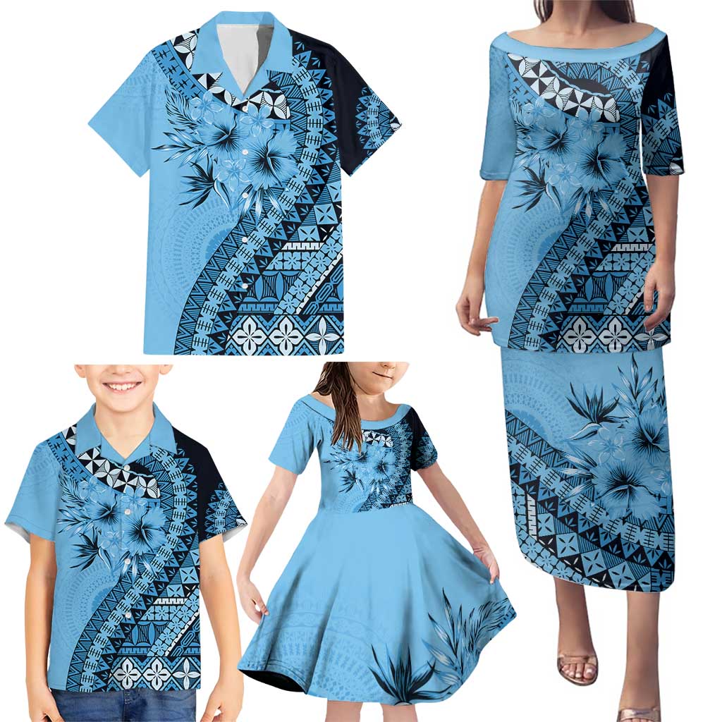 Bula Fiji Family Matching Puletasi and Hawaiian Shirt Turquoise Kaivity Masi Tapa